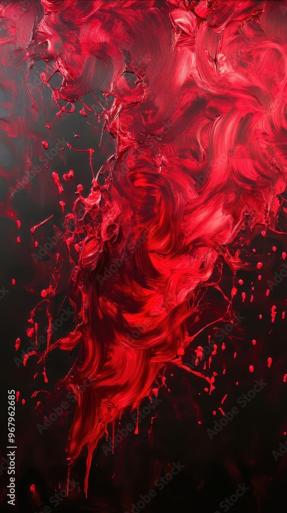 Poster a mesmerizing swirl of vibrant red liquid creating dynamic shapes against a dark background, perfect