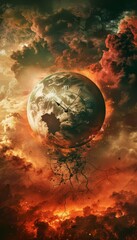 Planet earth in crisis  a fractured globe shrouded in smoke and fire with a countdown timer above