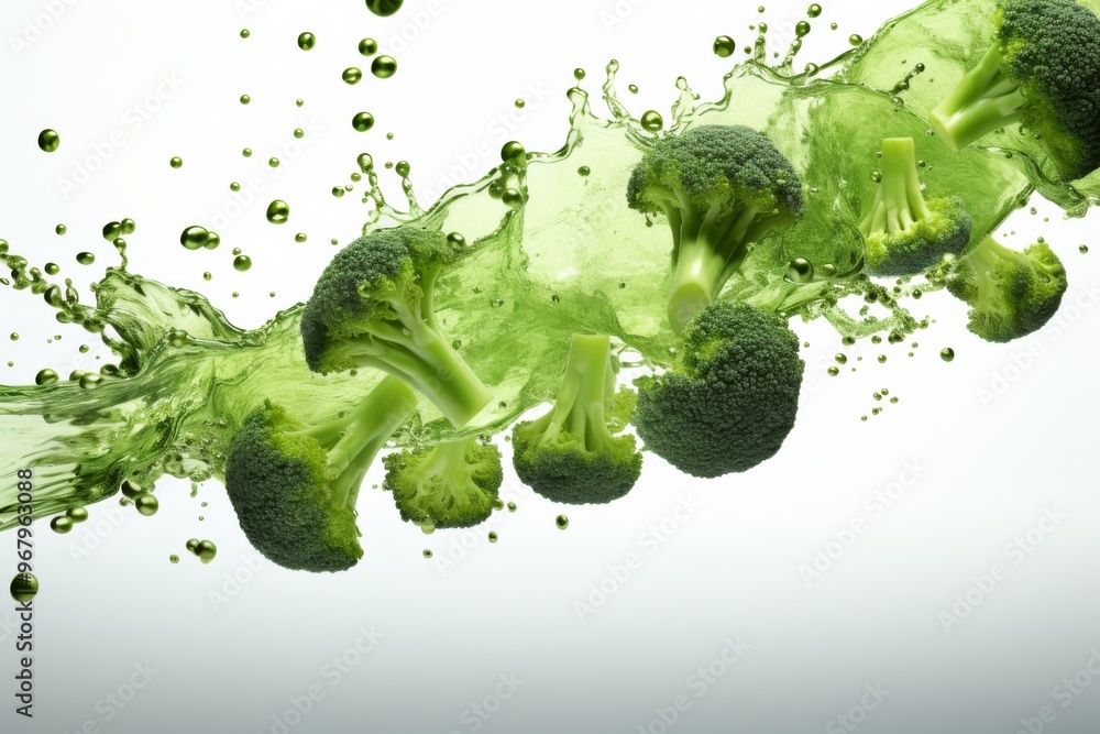 Poster fresh broccoli splashes into vibrant green liquid creating a dynamic culinary display