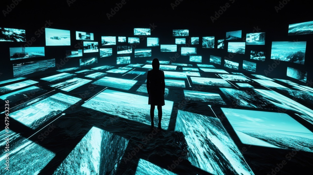 Aufkleber a person standing in the middle of a room, surrounded by floating screens that show a mix of virtual