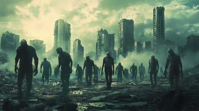 Horde of zombies dead walking in a destroyed city after infection with virus and end of the world of the alive people. Zombie. Illustration