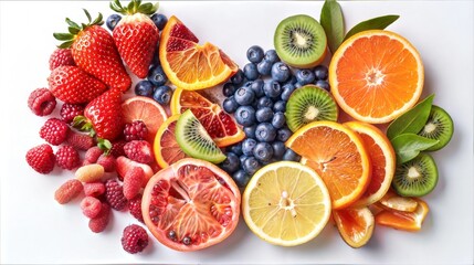 Naklejka premium Beautifully arranged citrus, berries, and kiwi fruits for fresh, healthy eating, and vibrant lifestyle themes