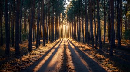 Obraz premium Golden Hour in the Woods: A Peaceful Stroll