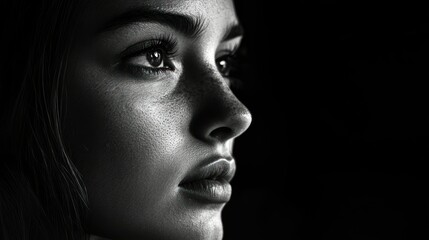 A close-up black and white portrait highlighting the features of a person's face.
