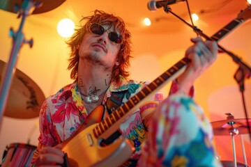 Obraz premium Vibrant band performance blending music and colors in an artistic venue setting