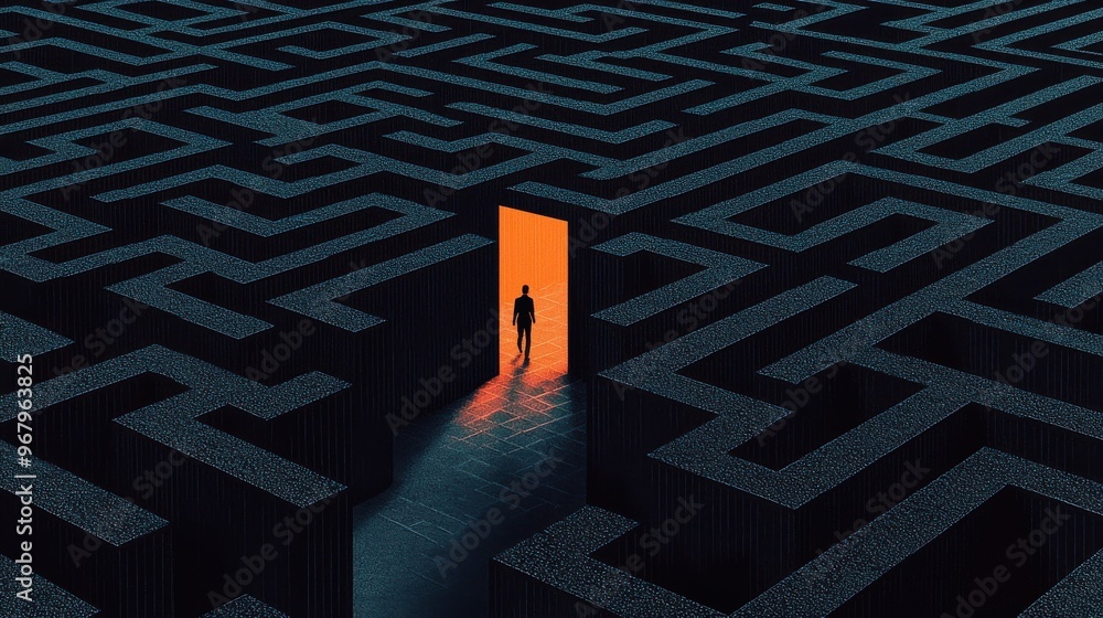 Poster a person walking through a maze-like office space, with a single exit door glowing at the end. conce
