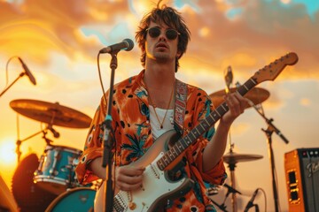 Obraz premium Dynamic sunset performance by a guitarist capturing the audience's spirit