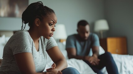 A wife sitting on the bed, looking upset while her husband tries to comfort her.