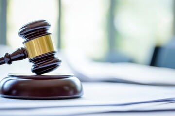 Fototapeta premium A close-up view of a wooden gavel resting on a stack of legal documents in a courtroom setting.