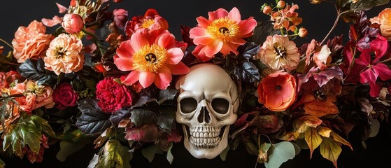 Explore the symbolism of skulls and flowers in Halloween arrangements as metaphors for lifes impermanence