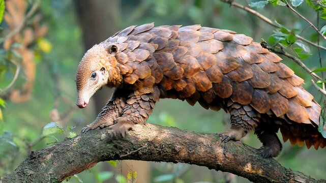A pangolin skillfully climbs a tree branch in a vibrant forest. Its distinctive scales shine in the sunlight as it explores its natural habitat in search of food.