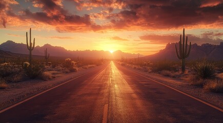 Asphalt highway road in the desert at sunset with a cloudy sky. Beautiful rural landscape. 