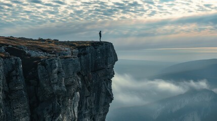Fototapeta premium A lone figure stands on the edge of a cliff, overlooking a vast and misty landscape