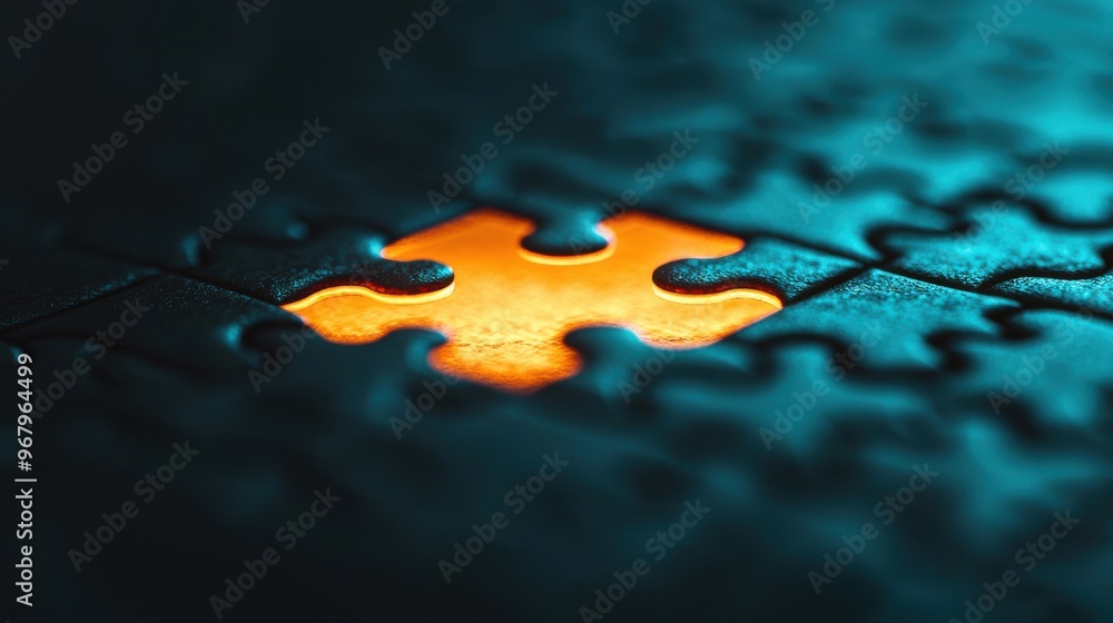 Poster a puzzle with missing pieces, but the remaining pieces glowing and shifting to fill the gaps, repres