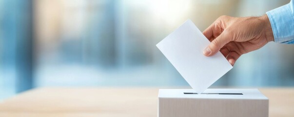 A hand placing a ballot into a voting box, symbolizing civic duty and participation in democratic elections.