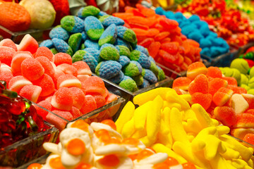 Various bright colors and taste candy assortment at market in Barcelona, Spain, sweets shop