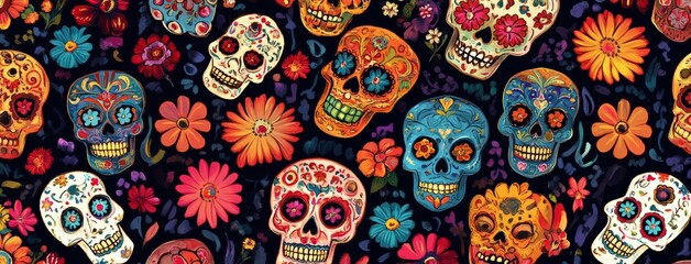 Naklejka premium Dia de los muertos festival wallpaper pattern with sugar skull (calavera) and colorful flowers on dark, black background. Cultural, traditional, floral wallpaper concept.