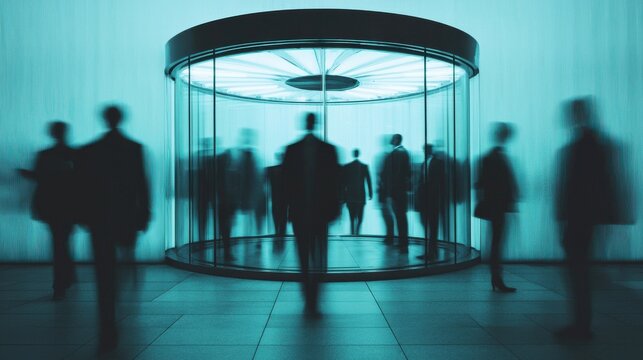 A revolving door with silhouettes of people constantly entering and exiting, employee turnover in a fast-paced corporate environment