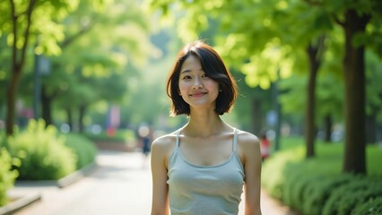 Naklejka premium 公園を散歩する20代くらいの日本人女性