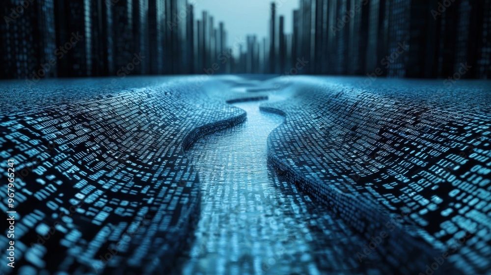 Poster a river made of binary code, flowing through a cityscape of modern skyscrapers, the continuous strea