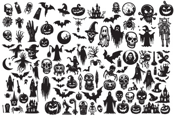 Fototapeta premium Big collection of silhouettes of Halloween. Horror set of Halloween sticker sketch set. Hand drawn doodle. Set of halloween and magic elements.