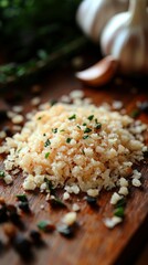 A closeup of grated garlic on a wooden board with fresh herbs, ready for cooking.