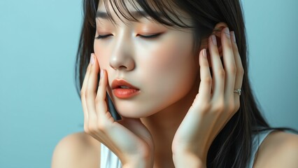 Fototapeta premium 20代日本人女性 手を顔に添える ブルーバック素材 