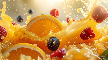 Refreshing splash of citrus and berries in vibrant yellow juice, ideal for summer drinks and refreshment ads