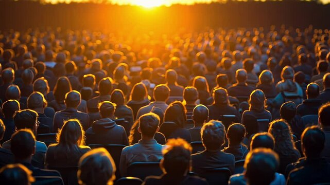 A vast crowd is captivated by a speaker at an event, illuminated by the warm glow of the setting sun. The ambiance enhances the atmosphere of anticipation and focus.