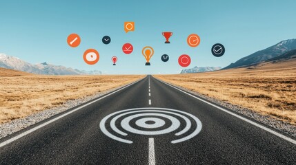 A road stretching into the horizon, with various floating icons and symbols of success e.g., trophies, targets appearing along the way, illustrating goal setting and progress