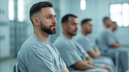 Inmates participating in group therapy, sharing personal stories, Prison rehabilitation, mental health support