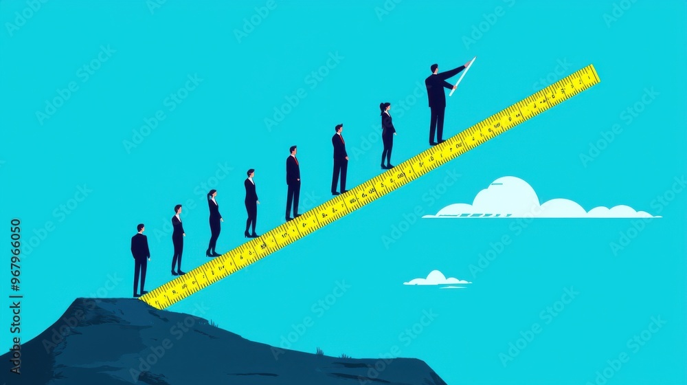 Poster a ruler measuring every step of workers walking on a path, with the manager adjusting the measuremen