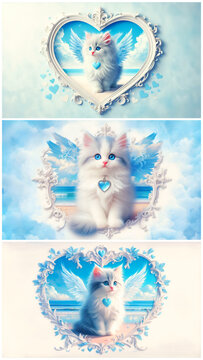 かわいいもふもふ猫がエンジェルハート天使の翼をつけて青空雲と海に囲まれたセットコラージュイラストアートフレーム背景