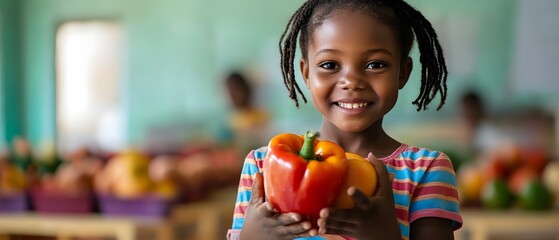 Fototapeta premium Smiling young student holding a bell pepper and looking at the in a classroom setting highlighting the importance of education and access to nutritious food as part of sustainable development goals
