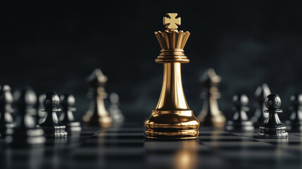 A golden queen chess piece stands tall, surrounded by smaller silver pawns on a dark chessboard. This image symbolizes leadership and strategy in business, just like in a chess game.