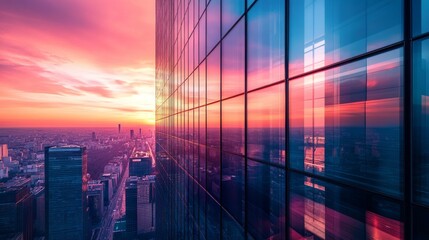 Sunset Reflections on a Skyscraper, a stunning modern structure with a glass exterior capturing vivid sunset hues against a lively urban backdrop, a captivating cityscape moment.