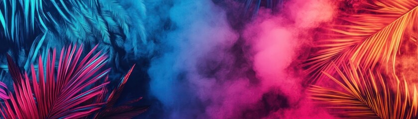 Fototapeta premium Tropical Palm Leaves Illuminated by Vibrant Blue and Pink Smoke