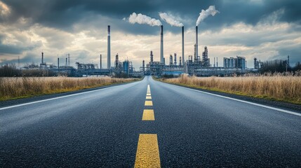 Fototapeta premium Empty road stretching toward modern industrial buildings, with tall chimneys and steel structures under a cloudy sky