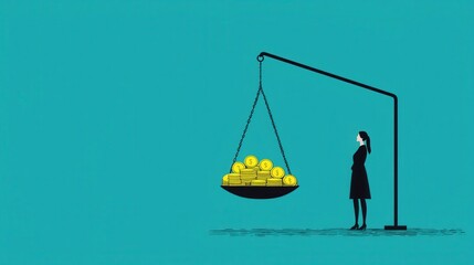 A scale of justice with gold coins on one side and a person in deep thought on the other side, tilting towards the coins, imbalance in ethical decision-making