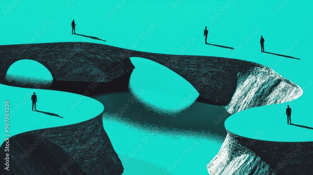 Poster a series of abstract bridges connecting isolated islands with people standing on them, showing how t
