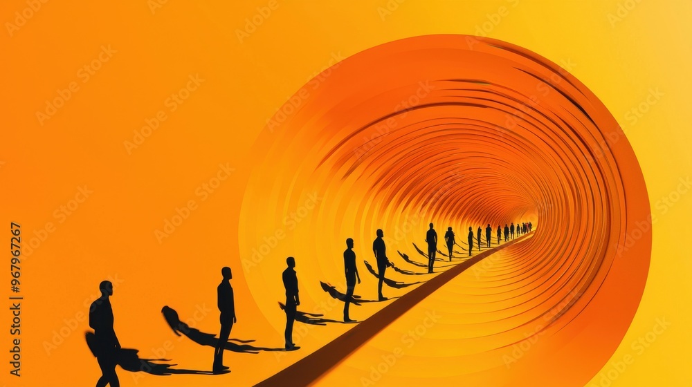 Poster a series of abstract shapes forming a spiral, where each segment of the spiral is held by different 
