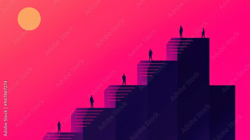 Poster a series of ascending geometric platforms with people stepping up based on the light that shines fro