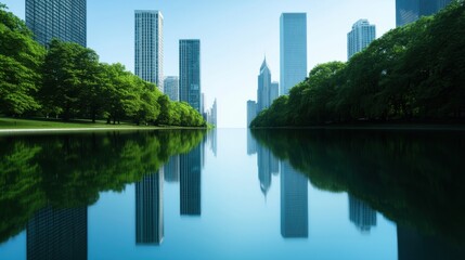 Fototapeta premium A serene lake reflecting abstract skyscrapers and trees, representing balance and tranquility between professional success and personal satisfaction
