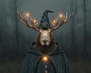 Moose in a witch s cape with glowing antlers, Moose in witch costume, forest magic, mystical protector