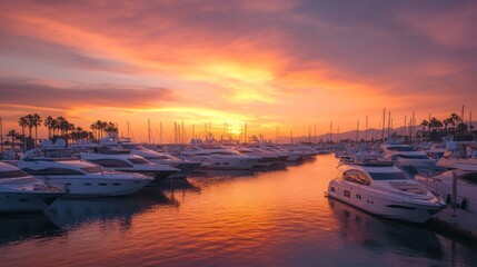 Sunrise at a Vibrant Marina, A lively scene of a bustling marina adorned with yachts and boats, bathed in the warm hues of dawn, creating a serene yet energetic atmosphere.