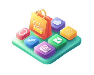 Obraz premium E-commerce App Interface: Vibrant 3D icons representing shopping, favorites, delivery, and more, symbolizing a seamless online shopping experience. 
