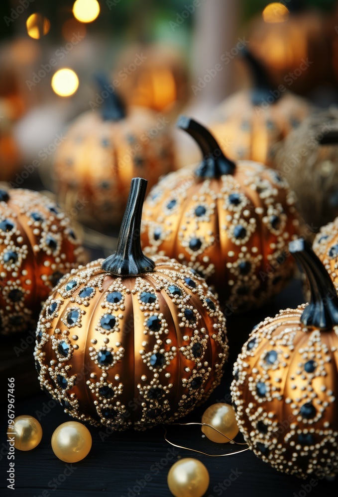Poster brightly colored pumpkins embellished with sparkling beads and decorative patterns create a vibrant 