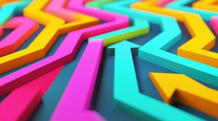 Naklejka premium A series of colorful arrows moving through a maze of abstract shapes, converging into a single point that represents the highest profit margin
