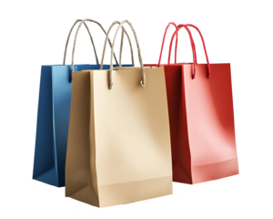 Shopping Spree:  A trio of colorful shopping bags - blue, brown, and red - stand ready for a day of retail therapy, showcasing the excitement of shopping, gifts, and consumerism.  
