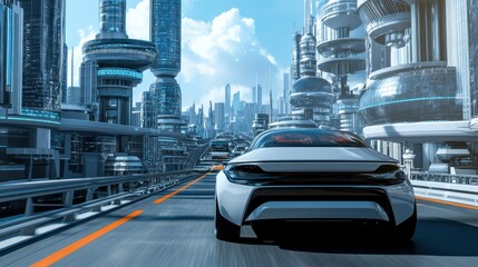 Futuristic Cityscape with White Car Driving on Elevated Roadway